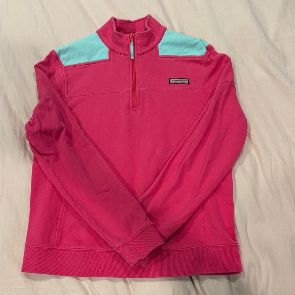 Vineyard Vines Pink Pullover with Blue Shoulder Detail